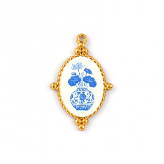 Immagine di 2 Pz Placcatura Sottovuoto PVD Ecologica Impermeabile Anti-Ossidante Ipoallergenico 304 Acciaio Inossidabile Ciondoli Pendenti 18K Vero Oro Placcato Blu Ovale Fiore Di Loto Stampato 3.2cm x 2.1cm