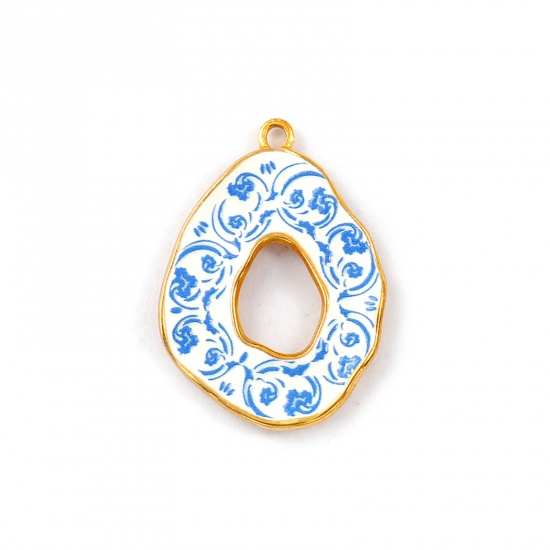 Immagine di 2 Pz Placcatura Sottovuoto PVD Ecologica Impermeabile Anti-Ossidante Ipoallergenico 304 Acciaio Inossidabile Ciondoli Pendenti 18K Vero Oro Placcato Blu Goccia Fiore Stampato 3.5cm x 2.5cm