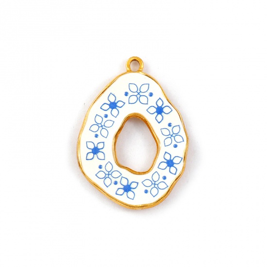 Immagine di 2 Pz Placcatura Sottovuoto PVD Ecologica Impermeabile Anti-Ossidante Ipoallergenico 304 Acciaio Inossidabile Ciondoli Pendenti 18K Vero Oro Placcato Blu Goccia Fiore Stampato 3.5cm x 2.5cm