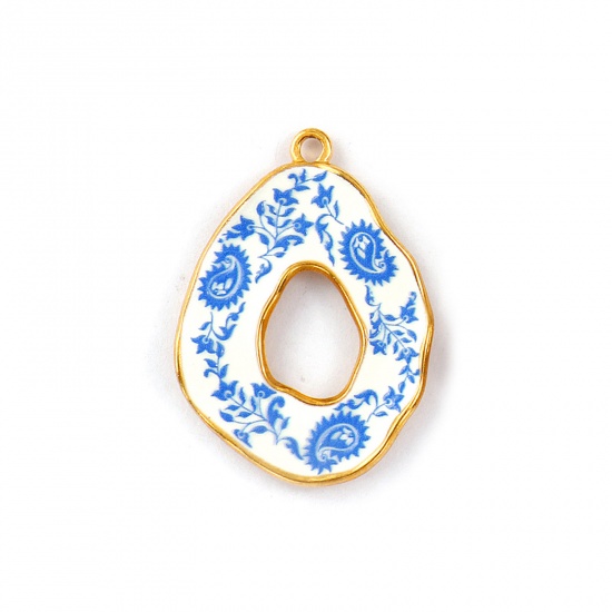 Immagine di 2 Pz Placcatura Sottovuoto PVD Ecologica Impermeabile Anti-Ossidante Ipoallergenico 304 Acciaio Inossidabile Ciondoli Pendenti 18K Vero Oro Placcato Blu Goccia Paisely Stampato 3.5cm x 2.5cm