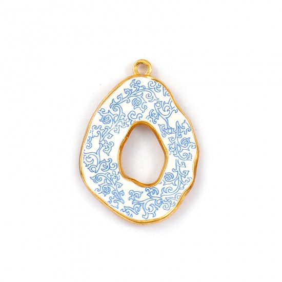 Immagine di 2 Pz Placcatura Sottovuoto PVD Ecologica Impermeabile Anti-Ossidante Ipoallergenico 304 Acciaio Inossidabile Ciondoli Pendenti 18K Vero Oro Placcato Blu Goccia Fiore Stampato 3.5cm x 2.5cm