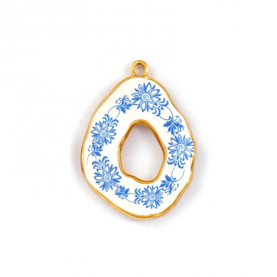 Immagine di 2 Pz Placcatura Sottovuoto PVD Ecologica Impermeabile Anti-Ossidante Ipoallergenico 304 Acciaio Inossidabile Ciondoli Pendenti 18K Vero Oro Placcato Blu Goccia Fiore Stampato 3.5cm x 2.5cm