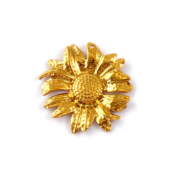 Picture of 2 PCs Eco-friendly PVD Vacuum Plating Waterproof Anti-Tarnish Hypoallergenic 304 Stainless Steel Pendants 18K Real Gold Plated Sunflower 4.7cm x 4.7cm