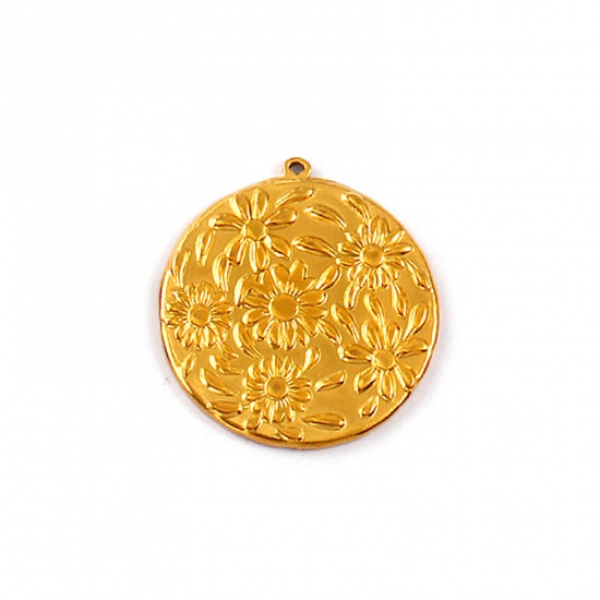 Picture of 2 PCs Eco-friendly PVD Vacuum Plating Waterproof Anti-Tarnish Hypoallergenic 304 Stainless Steel Pendants 18K Real Gold Plated Round Disc Daisy Flower 3.3cm x 3.1cm
