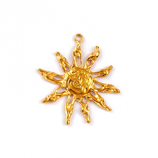 Picture of 2 PCs Eco-friendly PVD Vacuum Plating Waterproof Anti-Tarnish Hypoallergenic 304 Stainless Steel Galaxy Pendants 18K Real Gold Plated Sun Hollow 3.8cm x 3.5cm