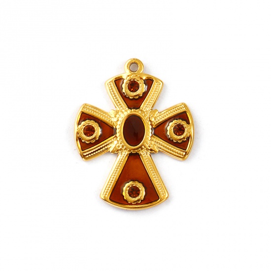 Picture of 1 Piece Eco-friendly PVD Vacuum Plating Waterproof Anti-Tarnish Hypoallergenic 304 Stainless Steel Religious Pendants 18K Real Gold Plated Brown Enamel Cross Brown Rhinestone 3cm x 2.4cm
