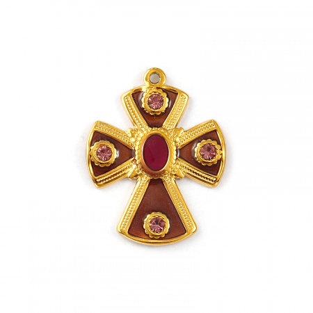 Imagen de 1 Unidad Recubrimiento al Vacío PVD Ecológico Impermeable Antioxidante Hipoalergénico 304 Acero Inoxidable Religión Colgantes 18K Oro Real Chapado Púrpura marrón Esmalte Cruz Amatista Rhinestone 3cm x 2.4cm