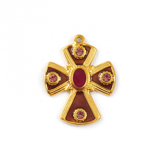 Picture of 1 Piece Eco-friendly PVD Vacuum Plating Waterproof Anti-Tarnish Hypoallergenic 304 Stainless Steel Religious Pendants 18K Real Gold Plated Puce Enamel Cross Purple Rhinestone 3cm x 2.4cm