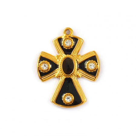 Imagen de 1 Unidad Recubrimiento al Vacío PVD Ecológico Impermeable Antioxidante Hipoalergénico 304 Acero Inoxidable Religión Colgantes 18K Oro Real Chapado Negro Esmalte Cruz Transparente Rhinestone 3cm x 2.4cm