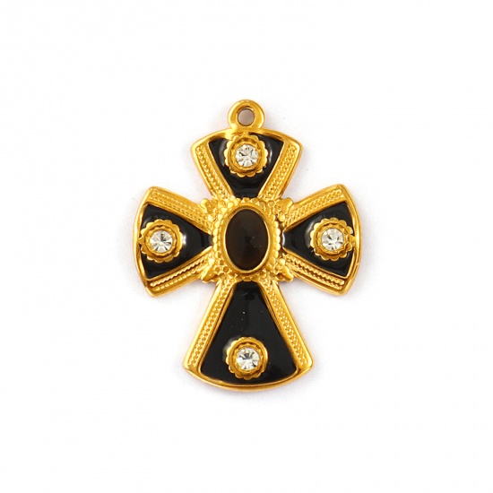 Picture of 1 Piece Eco-friendly PVD Vacuum Plating Waterproof Anti-Tarnish Hypoallergenic 304 Stainless Steel Religious Pendants 18K Real Gold Plated Black Enamel Cross Clear Rhinestone 3cm x 2.4cm