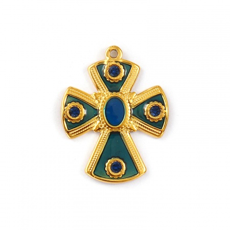 Imagen de 1 Unidad Recubrimiento al Vacío PVD Ecológico Impermeable Antioxidante Hipoalergénico 304 Acero Inoxidable Religión Colgantes 18K Oro Real Chapado Verde Esmalte Cruz Azul marino Rhinestone 3cm x 2.4cm