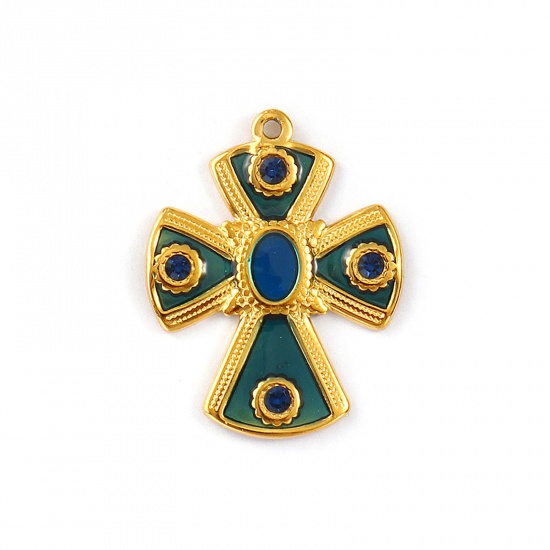 Picture of 1 Piece Eco-friendly PVD Vacuum Plating Waterproof Anti-Tarnish Hypoallergenic 304 Stainless Steel Religious Pendants 18K Real Gold Plated Green Enamel Cross Dark Blue Rhinestone 3cm x 2.4cm