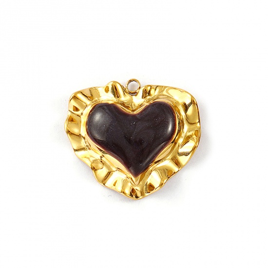 Picture of 1 Piece Eco-friendly PVD Vacuum Plating Waterproof Anti-Tarnish Hypoallergenic 304 Stainless Steel Valentine's Day Pendants 18K Real Gold Plated Coffee Enamel Heart Pearlized 3cm x 2.7cm