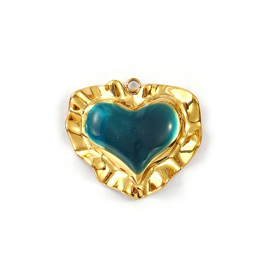Picture of 1 Piece Eco-friendly PVD Vacuum Plating Waterproof Anti-Tarnish Hypoallergenic 304 Stainless Steel Valentine's Day Pendants 18K Real Gold Plated Dark Green Enamel Heart 3cm x 2.7cm