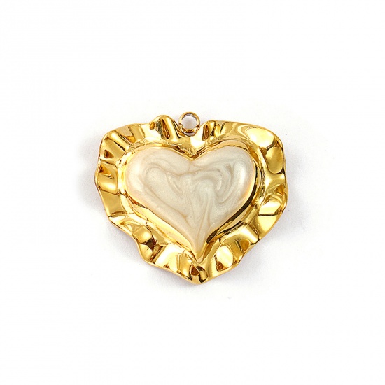 Picture of 1 Piece Eco-friendly PVD Vacuum Plating Waterproof Anti-Tarnish Hypoallergenic 304 Stainless Steel Valentine's Day Pendants 18K Real Gold Plated Grey Beige Enamel Heart Pearlized 3cm x 2.7cm