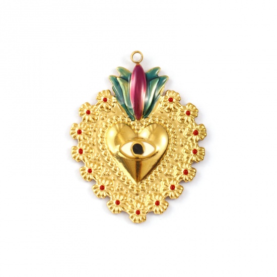 Picture of 1 Piece Eco-friendly PVD Vacuum Plating Waterproof Anti-Tarnish Hypoallergenic 304 Stainless Steel Religious Pendants 18K Real Gold Plated Multicolor Enamel Ex Voto Heart Eye 5.3cm x 4.1cm