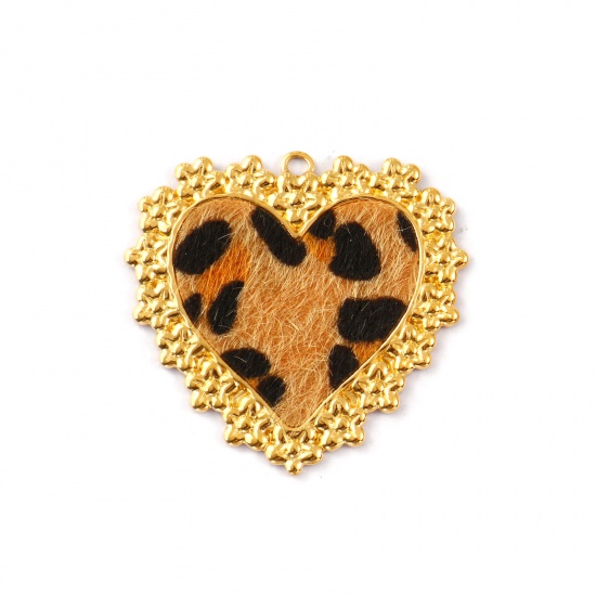 Picture of 1 Piece Eco-friendly PVD Vacuum Plating Waterproof Anti-Tarnish Hypoallergenic Stainless Steel & Faux Leather Valentine's Day Pendants 18K Real Gold Plated Light Brown Heart Leopard Print 5cm x 4.8cm
