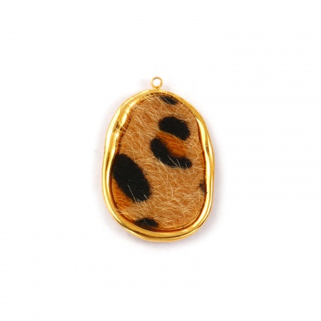 Picture of 1 Piece Eco-friendly PVD Vacuum Plating Waterproof Anti-Tarnish Hypoallergenic Stainless Steel & Faux Leather Pendants 18K Real Gold Plated Light Brown Irregular Leopard Print 3.2cm x 2.2cm