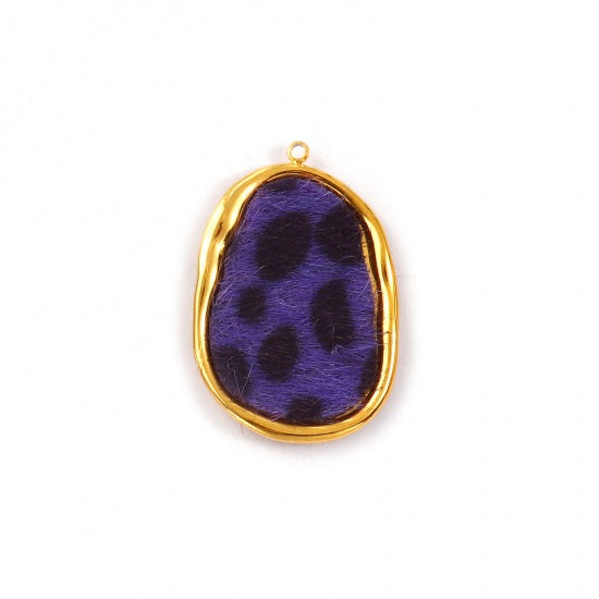 Picture of 1 Piece Eco-friendly PVD Vacuum Plating Waterproof Anti-Tarnish Hypoallergenic Stainless Steel & Faux Leather Pendants 18K Real Gold Plated Purple Irregular Leopard Print 3.2cm x 2.2cm
