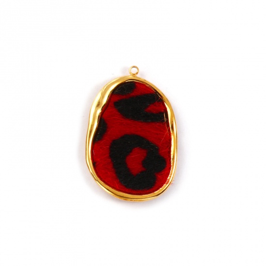 Picture of 1 Piece Eco-friendly PVD Vacuum Plating Waterproof Anti-Tarnish Hypoallergenic Stainless Steel & Faux Leather Pendants 18K Real Gold Plated Red Irregular Leopard Print 3.2cm x 2.2cm