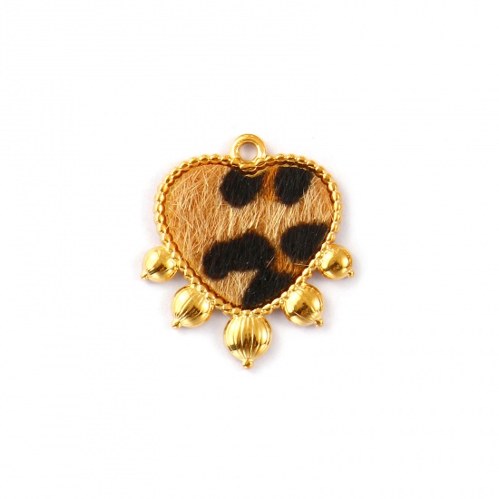 Picture of 1 Piece Eco-friendly PVD Vacuum Plating Waterproof Anti-Tarnish Hypoallergenic Stainless Steel & Faux Leather Valentine's Day Charms 18K Real Gold Plated Light Brown Heart Leopard Print 26mm x 23mm