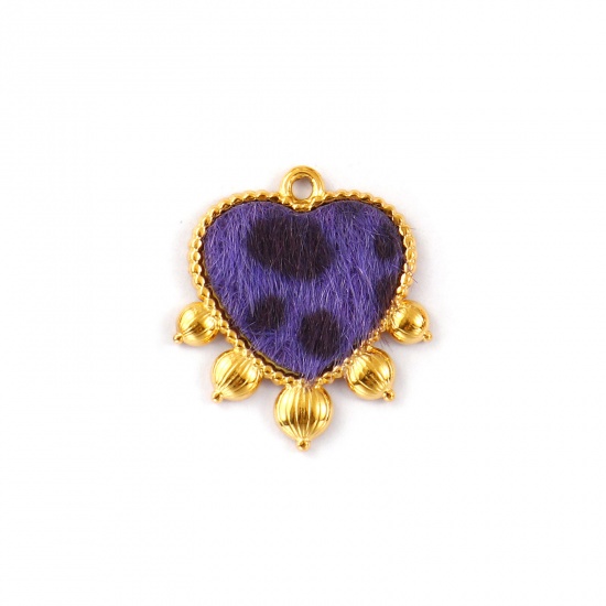 Picture of 1 Piece Eco-friendly PVD Vacuum Plating Waterproof Anti-Tarnish Hypoallergenic Stainless Steel & Faux Leather Valentine's Day Charms 18K Real Gold Plated Purple Heart Leopard Print 26mm x 23mm