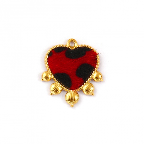 Picture of 1 Piece Eco-friendly PVD Vacuum Plating Waterproof Anti-Tarnish Hypoallergenic Stainless Steel & Faux Leather Valentine's Day Charms 18K Real Gold Plated Red Heart Leopard Print 26mm x 23mm