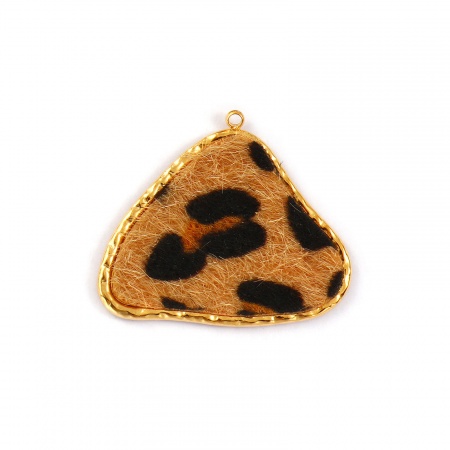 Picture of 1 Piece Eco-friendly PVD Vacuum Plating Waterproof Anti-Tarnish Hypoallergenic Stainless Steel & Faux Leather Pendants 18K Real Gold Plated Light Brown Triangle Leopard Print 3.9cm x 3.3cm