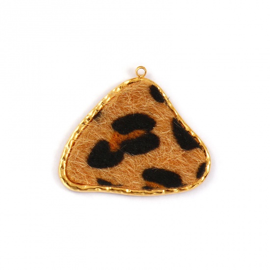 Picture of 1 Piece Eco-friendly PVD Vacuum Plating Waterproof Anti-Tarnish Hypoallergenic Stainless Steel & Faux Leather Pendants 18K Real Gold Plated Light Brown Triangle Leopard Print 3.9cm x 3.3cm