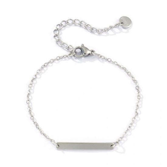 Imagen de 1 Unidad Respetuoso del Medio Ambiente 304 Acero Inoxidable Sencillo Puede Tallar Llana Pulseras Rectángulo Tono de Plata Pulido de Una Cara 15cm longitud