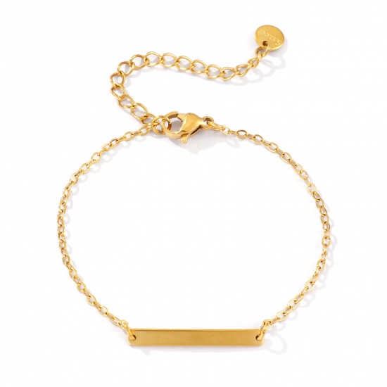 Imagen de 1 Unidad Recubrimiento al Vacío PVD Ecológico 304 Acero Inoxidable Sencillo Puede Tallar Llana Pulseras Rectángulo 18K Oro Real Chapado Pulido de Una Cara 15cm longitud