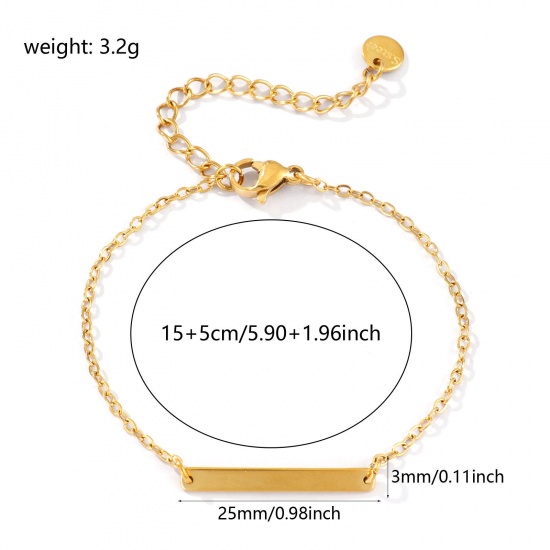 Imagen de 1 Unidad Recubrimiento al Vacío PVD Ecológico 304 Acero Inoxidable Sencillo Puede Tallar Llana Pulseras Rectángulo 18K Oro Real Chapado Pulido de Una Cara 15cm longitud