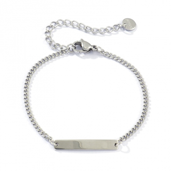 Imagen de 1 Unidad Respetuoso del Medio Ambiente 304 Acero Inoxidable Sencillo Puede Tallar Llana Pulseras Rectángulo Tono de Plata Pulido de Una Cara 15cm longitud