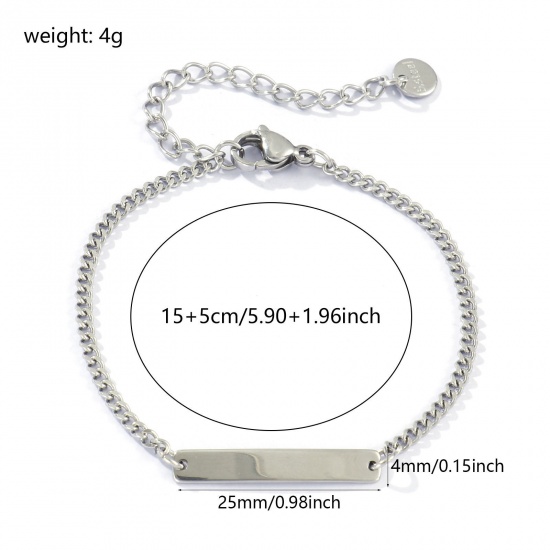 Imagen de 1 Unidad Respetuoso del Medio Ambiente 304 Acero Inoxidable Sencillo Puede Tallar Llana Pulseras Rectángulo Tono de Plata Pulido de Una Cara 15cm longitud