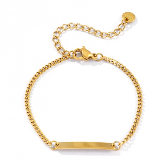 Imagen de 1 Unidad Recubrimiento al Vacío PVD Ecológico 304 Acero Inoxidable Sencillo Puede Tallar Llana Pulseras Rectángulo 18K Oro Real Chapado Pulido de Una Cara 15cm longitud