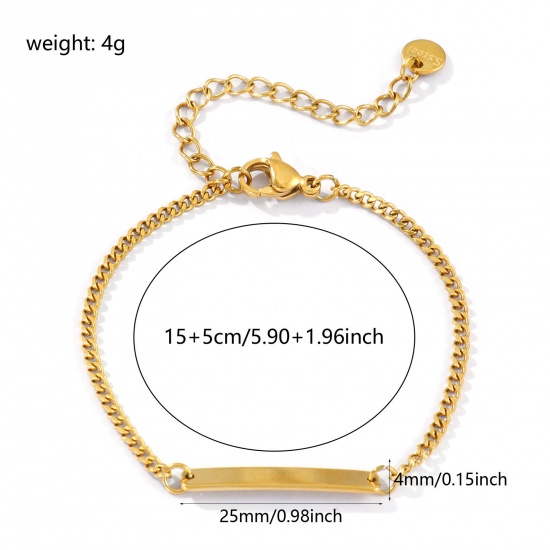 Imagen de 1 Unidad Recubrimiento al Vacío PVD Ecológico 304 Acero Inoxidable Sencillo Puede Tallar Llana Pulseras Rectángulo 18K Oro Real Chapado Pulido de Una Cara 15cm longitud