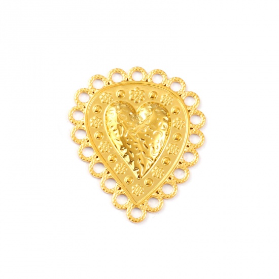 Immagine di 1 Pz Placcatura Sottovuoto PVD Ecologica Impermeabile Anti-Ossidante Ipoallergenico 304 Acciaio Inossidabile San Valentino Ciondoli Pendenti 18K Vero Oro Placcato Goccia Cuore Filigrana 4.5cm x 3.8cm