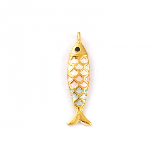 Immagine di 1 Pz Placcatura Sottovuoto PVD Ecologica Impermeabile Anti-Ossidante Ipoallergenico 304 Acciaio Inossidabile Gioielli Oceanici Ciondoli Pendenti 18K Vero Oro Placcato Rosa Pesce Pittura 4.9cm x 1.2cm