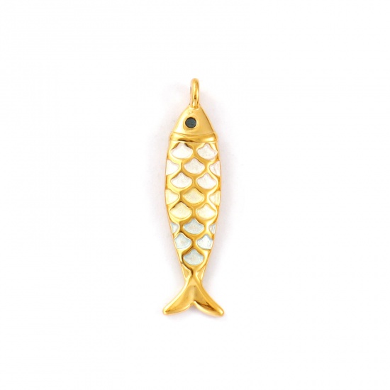 Immagine di 1 Pz Placcatura Sottovuoto PVD Ecologica Impermeabile Anti-Ossidante Ipoallergenico 304 Acciaio Inossidabile Gioielli Oceanici Ciondoli Pendenti 18K Vero Oro Placcato Bianco Sporco Pesce Pittura 4.9cm x 1.2cm