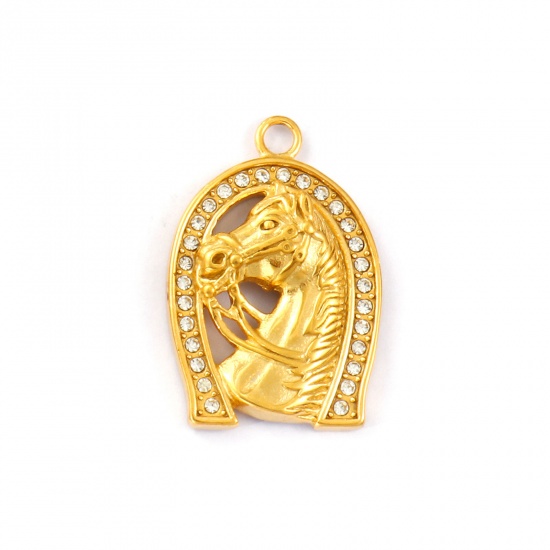 Immagine di 1 Pz Placcatura Sottovuoto PVD Ecologica Impermeabile Anti-Ossidante Ipoallergenico 304 Acciaio Inossidabile Cowboy dell'Ovest Ciondoli Pendenti 18K Vero Oro Placcato Ferro di Cavallo Cavallo Trasparente Cubic Zirconiae 4.3cm x 2.9cm