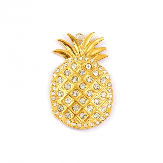 Immagine di 1 Pz Placcatura Sottovuoto PVD Ecologica Impermeabile Anti-Ossidante Ipoallergenico 304 Acciaio Inossidabile Cowboy dell'Ovest Ciondoli Pendenti 18K Vero Oro Placcato Ananas Trasparente Cubic Zirconiae 4.4cm x 2.8cm