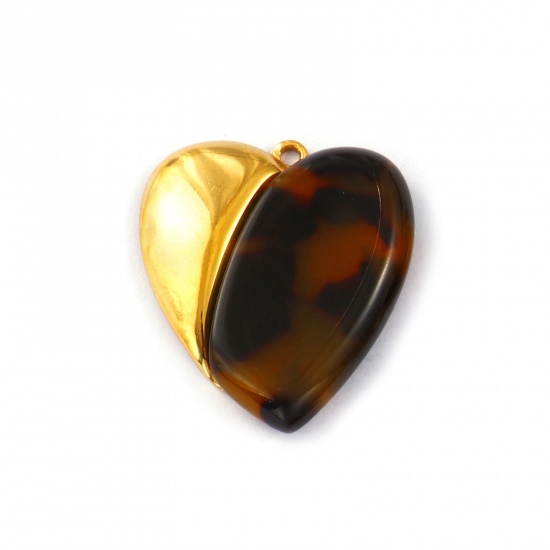 Immagine di 1 Pz Placcatura Sottovuoto PVD Ecologica Impermeabile Anti-Ossidante Ipoallergenico 304 Acciaio Inossidabile & Resina San Valentino Ciondoli Pendenti 18K Vero Oro Placcato Colore del Caffè Cuore Leopardo 3.2cm x 2.8cm