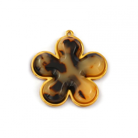 Imagen de 1 Unidad Recubrimiento al Vacío PVD Ecológico Impermeable Antioxidante Hipoalergénico 304 Acero Inoxidable & Resina Colgantes 18K Oro Real Chapado Café Flor Leopardo 3.7cm x 3.5cm