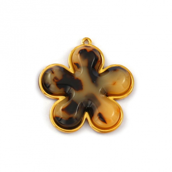 Immagine di 1 Pz Placcatura Sottovuoto PVD Ecologica Impermeabile Anti-Ossidante Ipoallergenico 304 Acciaio Inossidabile & Resina Ciondoli Pendenti 18K Vero Oro Placcato Colore del Caffè Fiore Leopardo 3.7cm x 3.5cm