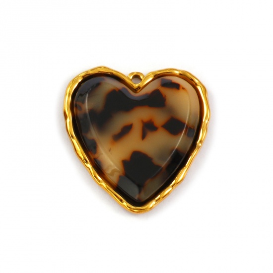 Immagine di 1 Pz Placcatura Sottovuoto PVD Ecologica Impermeabile Anti-Ossidante Ipoallergenico 304 Acciaio Inossidabile & Resina San Valentino Ciondoli Pendenti 18K Vero Oro Placcato Colore del Caffè Cuore Leopardo 3.2cm x 3.1cm