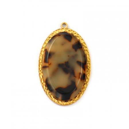 Imagen de 1 Unidad Recubrimiento al Vacío PVD Ecológico Impermeable Antioxidante Hipoalergénico 304 Acero Inoxidable & Resina Colgantes 18K Oro Real Chapado Café Óvalo Leopardo 4.1cm x 2.5cm