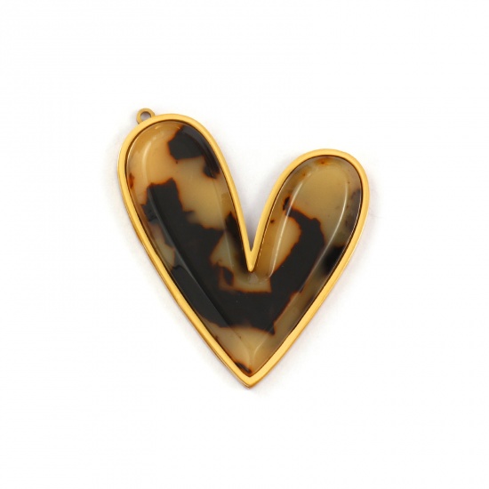 Immagine di 1 Pz Placcatura Sottovuoto PVD Ecologica Impermeabile Anti-Ossidante Ipoallergenico 304 Acciaio Inossidabile & Resina San Valentino Ciondoli Pendenti 18K Vero Oro Placcato Colore del Caffè Cuore Leopardo 4.7cm x 3.7cm