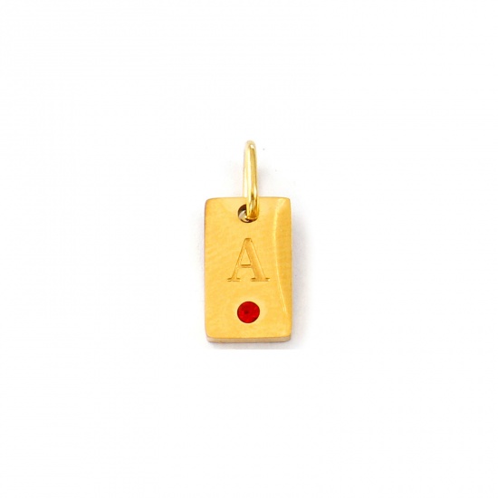 Picture of 2 PCs Eco-friendly PVD Vacuum Plating Waterproof Anti-Tarnish Hypoallergenic 304 Stainless Steel Capital Alphabet Initial Letter Name Charms 18K Real Gold Plated Rectangle Message " A " Mini Red Cubic Zirconia 14mm x 6mm