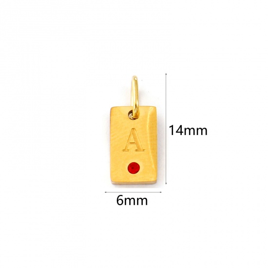 Picture of 2 PCs Eco-friendly PVD Vacuum Plating Waterproof Anti-Tarnish Hypoallergenic 304 Stainless Steel Capital Alphabet Initial Letter Name Charms 18K Real Gold Plated Rectangle Message " A " Mini Red Cubic Zirconia 14mm x 6mm