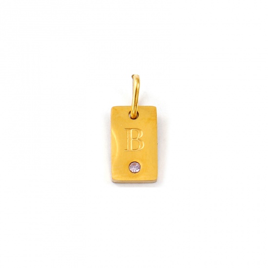 Picture of 2 PCs Eco-friendly PVD Vacuum Plating Waterproof Anti-Tarnish Hypoallergenic 304 Stainless Steel Capital Alphabet Initial Letter Name Charms 18K Real Gold Plated Rectangle Message " B " Mini Mauve Cubic Zirconia 14mm x 6mm